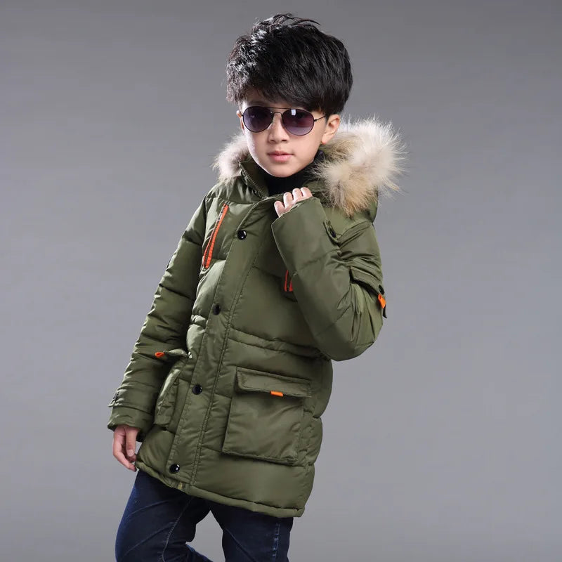 Children's down jacket new winter boys' and girls' Plush warm medium length jacket hooded large wool collar cotton padded jacket
