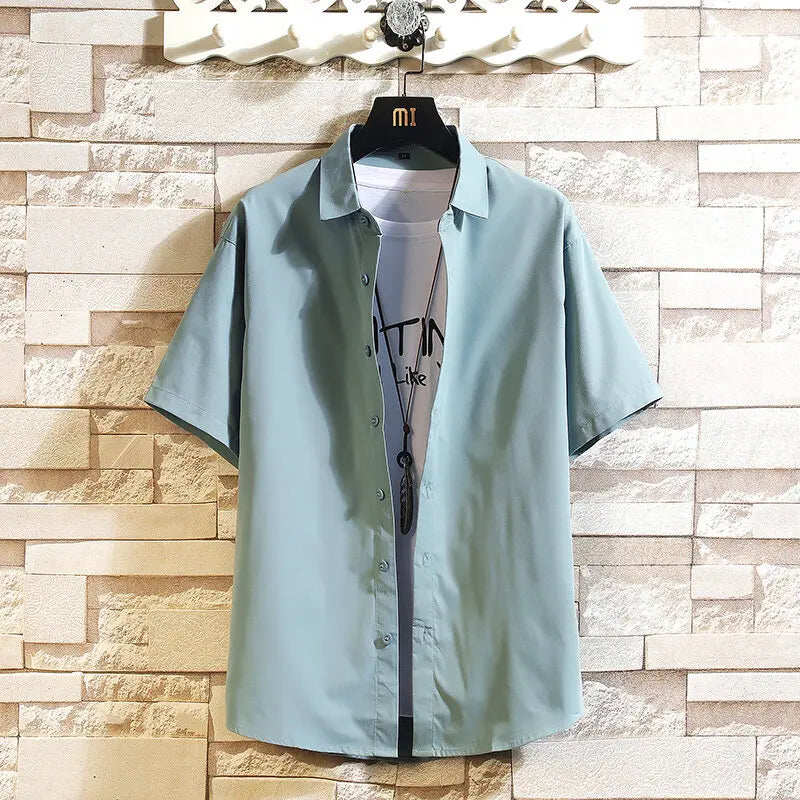New men's shirt streetwear, solid-color short-sleeved shirt, men's summer trend shirt