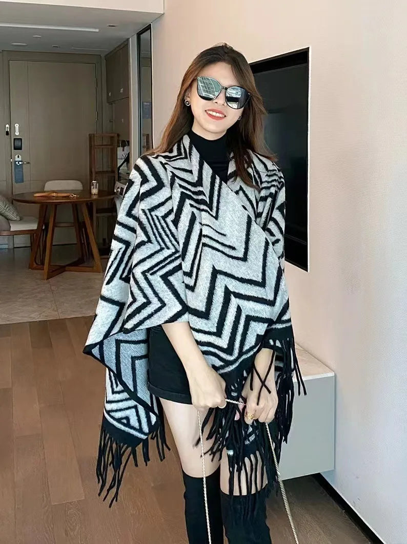 2024 Winter Women Faux Woolen Loose Tassel Shawl Capes Cashmere Wear Warm Thick Poncho Cardigan Lady Printed Plaid Blanket