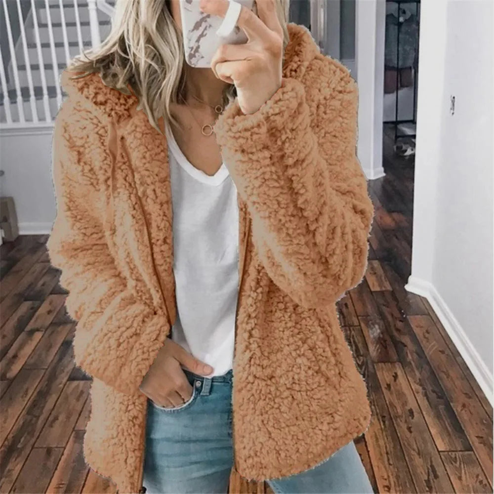 2025 Winter Clothes Women Elegant Bear Teddy Faux Fur Coat Thick Warm Soft Fleece Jacket Female Pocket Zipper Coat Veste Femme