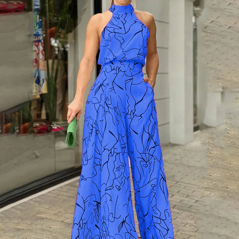 Summer Sexy Halterneck Bodycon Sleeveless High Jumpsuit 2022 Women Abstract Print Jumpsuit Chic Streetwear Wide Leg Romper Mujer