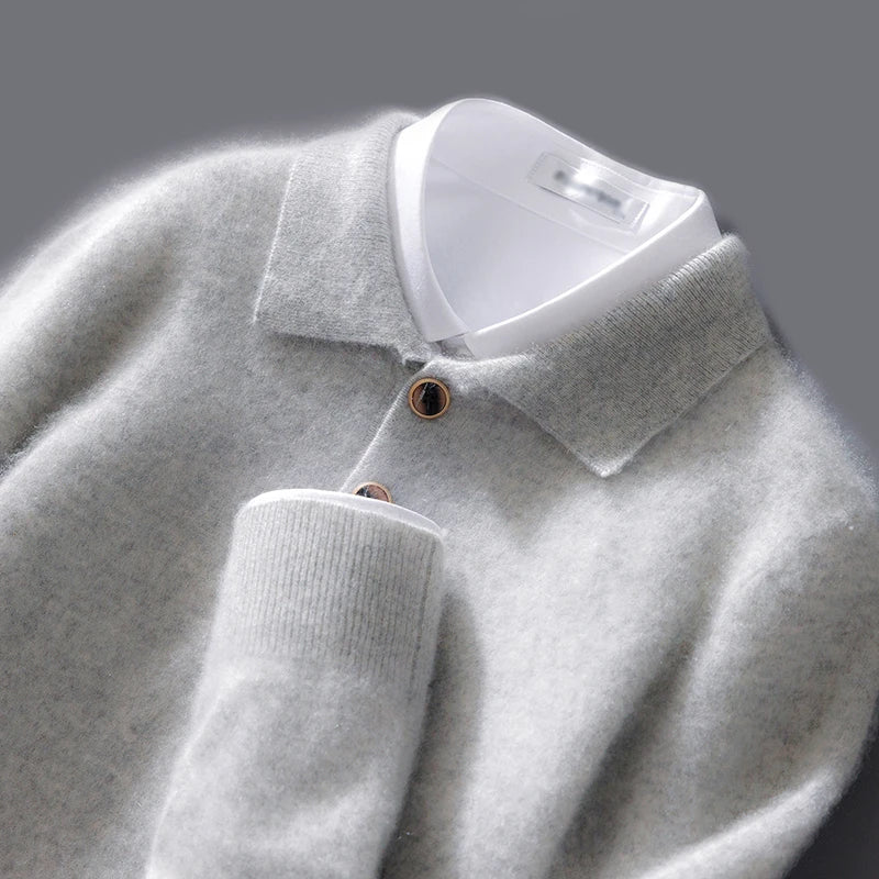 Autumn And Winter New 100 Pure Wool Sweater Men's POLO Collar Button Loose Pullover Sweater Cashmere Knitted Bottoming Shirt