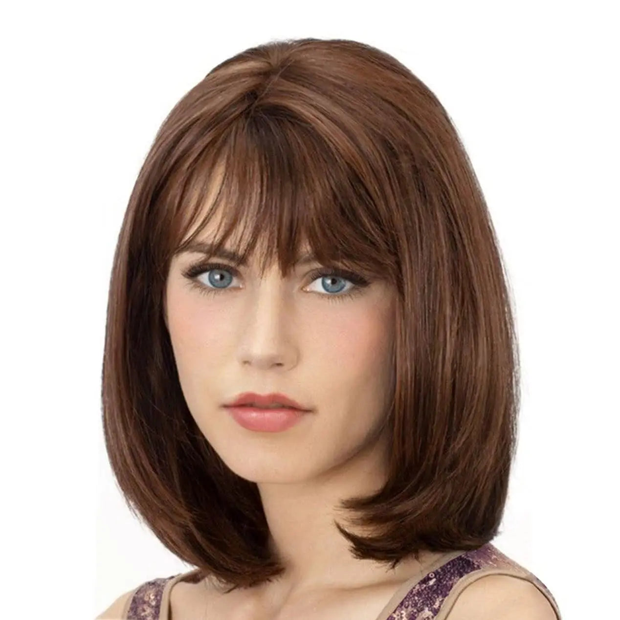 Wig with Bangs Darkest Brown Short Straight Wigs for Women Shoulder Length Heat Resistant Synthetic Natural Color Wigs