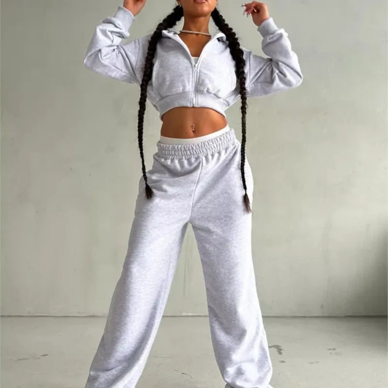 2025 New Women's Casual Long Sleeve Hooded Cropped Zip-Up Cardigan & Drawstring Sweatpants Two-Piece Active Lounge Set