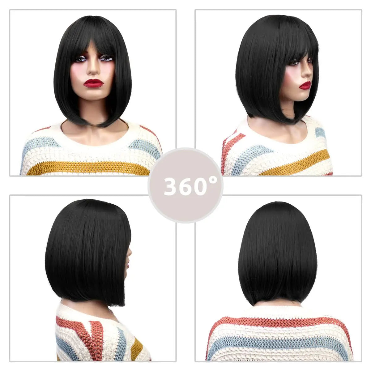 Wig with Bangs Darkest Brown Short Straight Wigs for Women Shoulder Length Heat Resistant Synthetic Natural Color Wigs