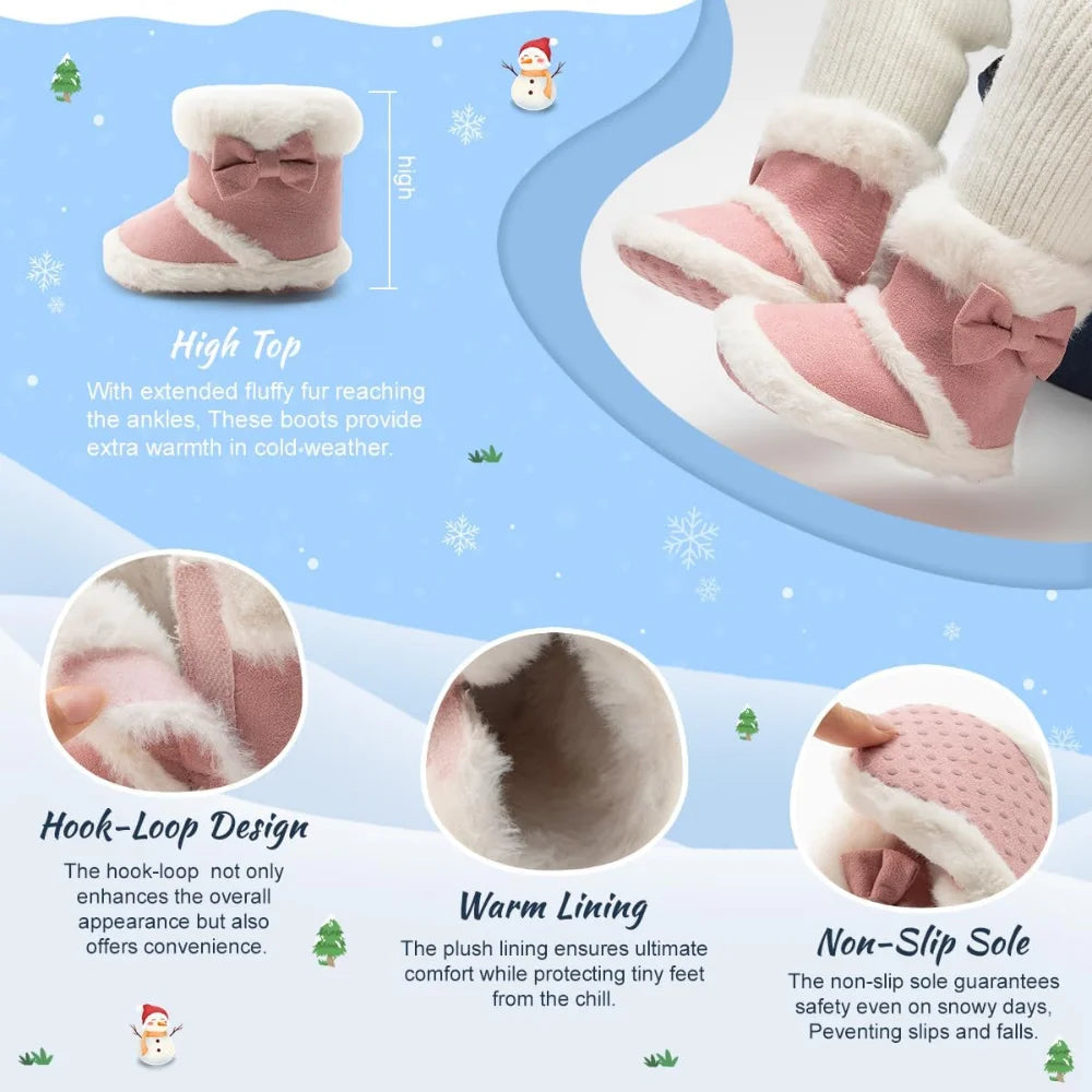 Infant Warm Fur Lining Soft Boots, Baby Winter Ankle Non-Slip Rubber Texture Sole, Winter Snow Crib Shoes for Toddler Girls