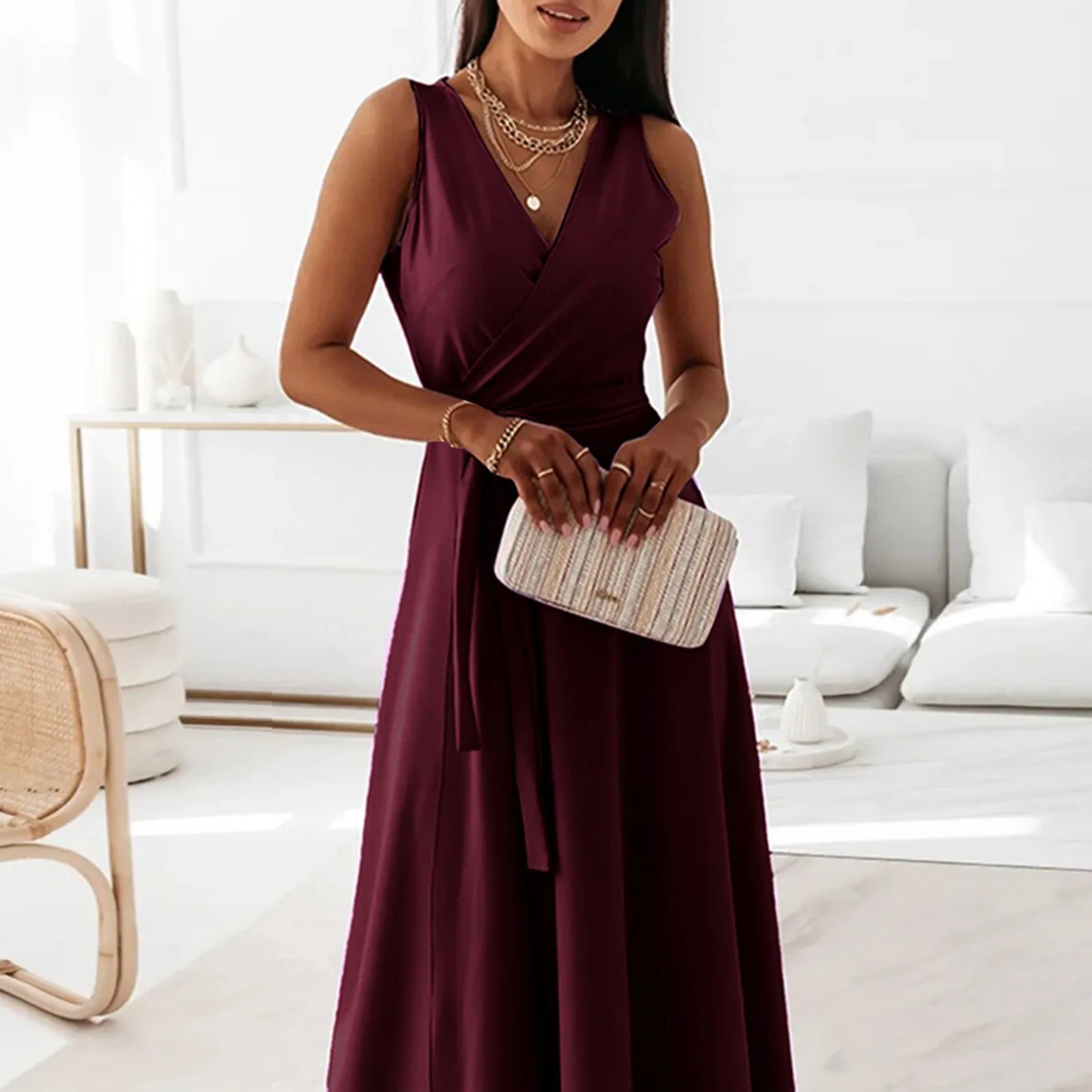 dresses for women elegant party dresses V-neck Sleeveless Belt Evening Dresses Solid Color Solid Color dress vestidos femenino