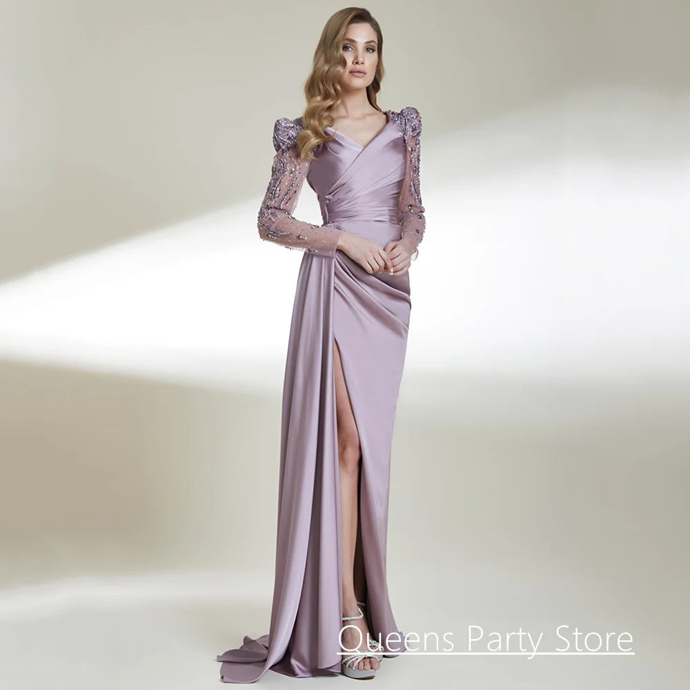 Dancing Evening Dress Customized V Neck Long Sleeves Pleat Beading Sequined High Split Formal Prom Gown Arabian Party Dresses