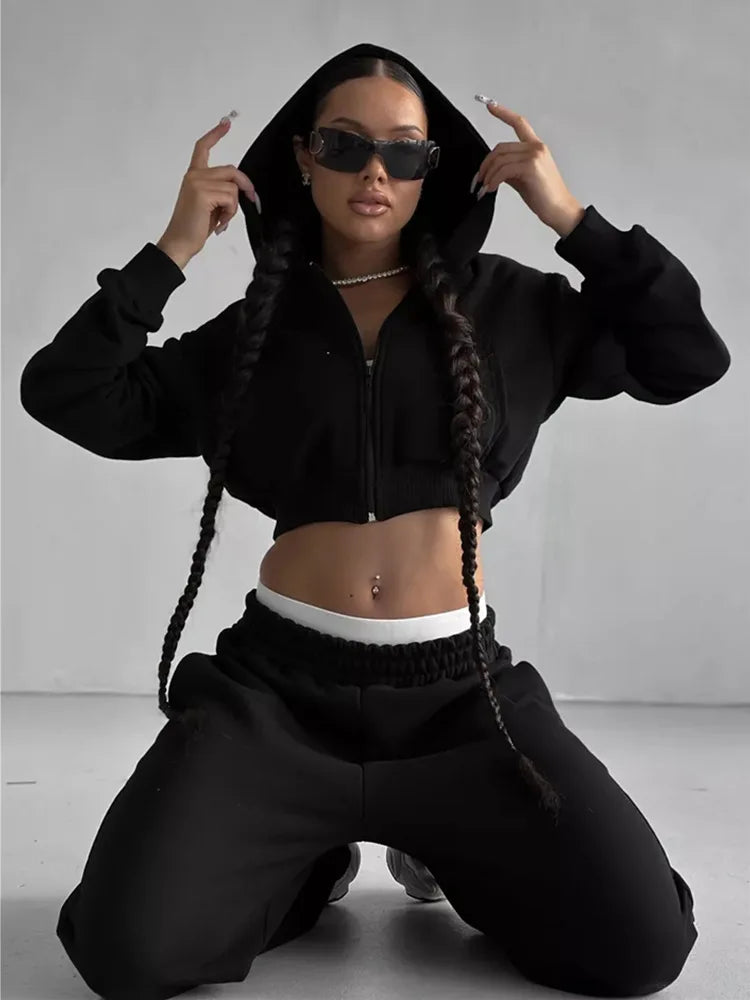 2025 New Women's Casual Long Sleeve Hooded Cropped Zip-Up Cardigan & Drawstring Sweatpants Two-Piece Active Lounge Set