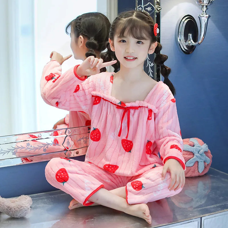 Children Sleepwear Fall Winter Flannel Girl Warm Clothes Suit Sleepwear Children's Pyjamas Nightgown Warm Plush Night Clothes