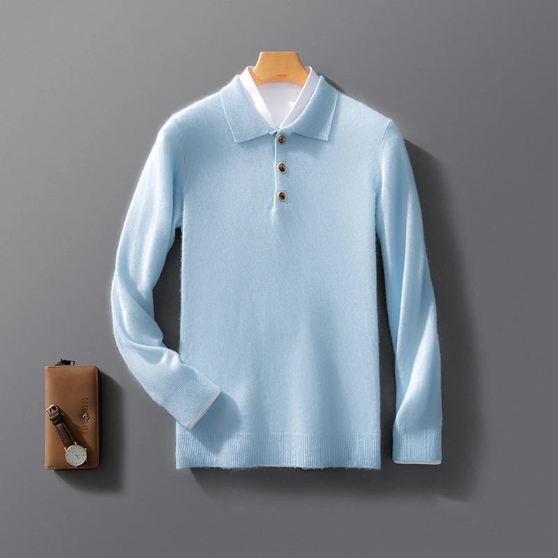 Autumn And Winter New 100 Pure Wool Sweater Men's POLO Collar Button Loose Pullover Sweater Cashmere Knitted Bottoming Shirt