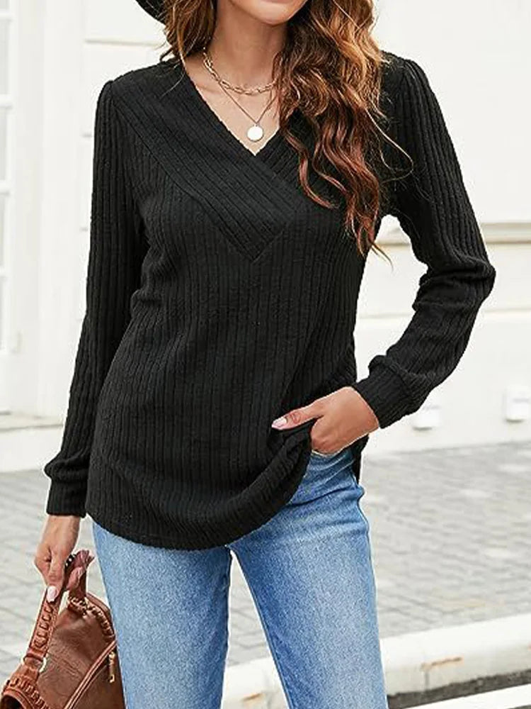 4 Colors V-Neck Knitted Top Women Elegant V-Neck T-Shirt Autumn Winter Pullover Blouse