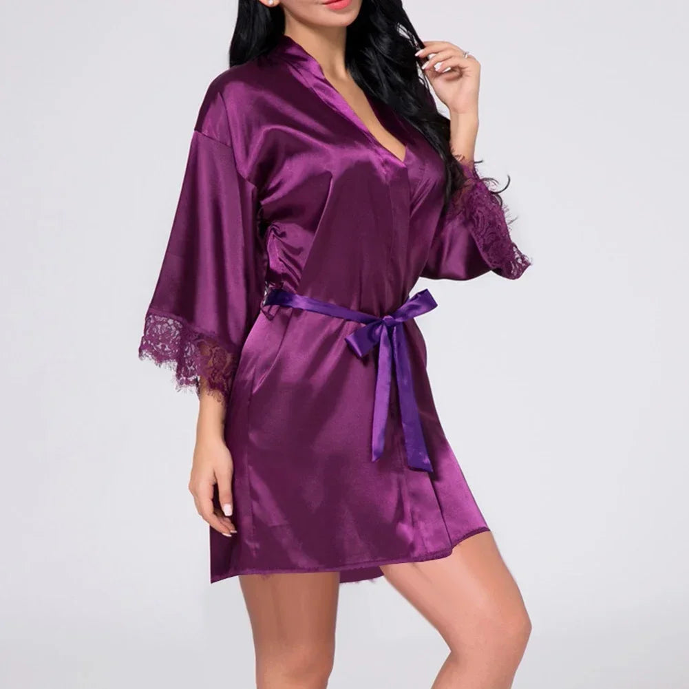 Fabric Women Sleepwear Pajamas High Quality Practical Women Sleepwear Belt Bride Dressing Kimono Lace Ladies Fashion
