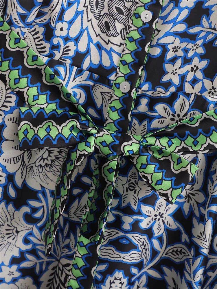 Woman Casual Blue Long Print Shirt Dresses 2025 Spring Female High Waisted Sashes Dress Ladies Long Sleeve Button Dresses