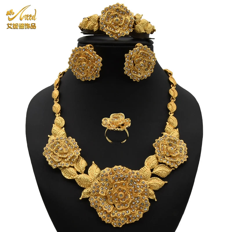 ANIID African Jewelery Sets Flower Earrings Choker Necklace Bracelet Hawaiian Indian Dubai Golden Jewelry For Women Accessories