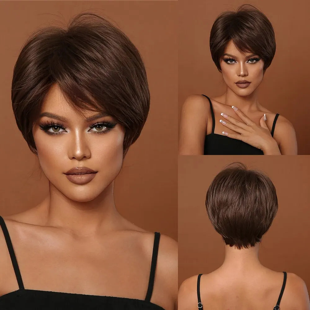 Short Pixie Cut Synthetic Wigs For Women Brown Mixed Blonde Wigs With Bangs Natural Looking Daily Use Hair Heat Resistant Fiber