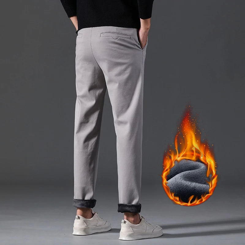 Winter Mens Clothing Warm Casual Pants 98% Cotton Fleece Straight Business Thicken Men Pants Stretch Classic Velvet Trousers