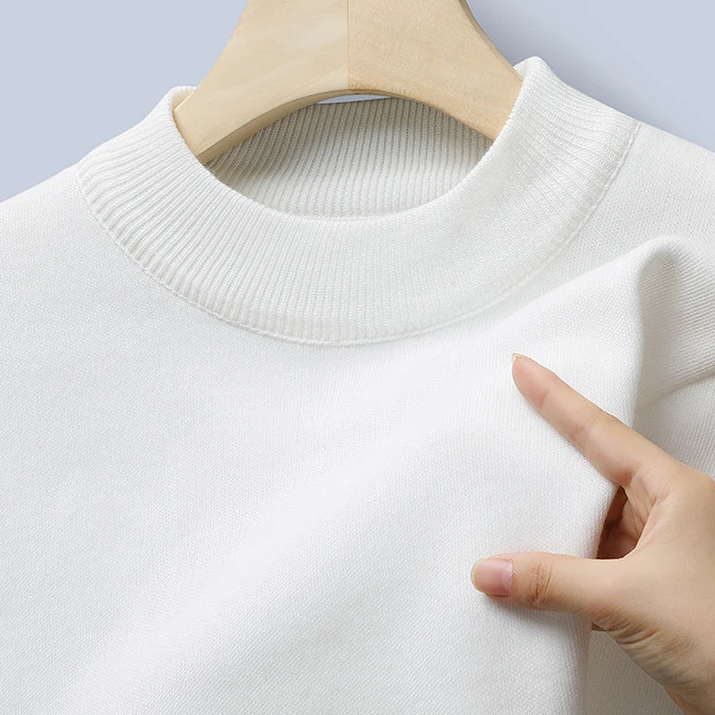 Winter New Men's Knitted Sweater with A Half High Collar Solid Color Plush and Warm Knitted Lining Top Casual and Versatile Top