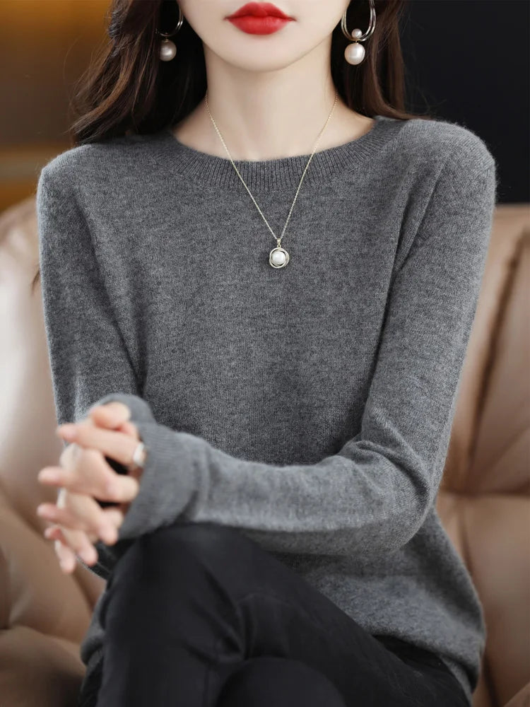 Autumn Winter Women Clothing Pullover New Fashion 100% Merino Wool Sweater Cashmere Tops Basic O-Neck Long Sleeve Knitwear