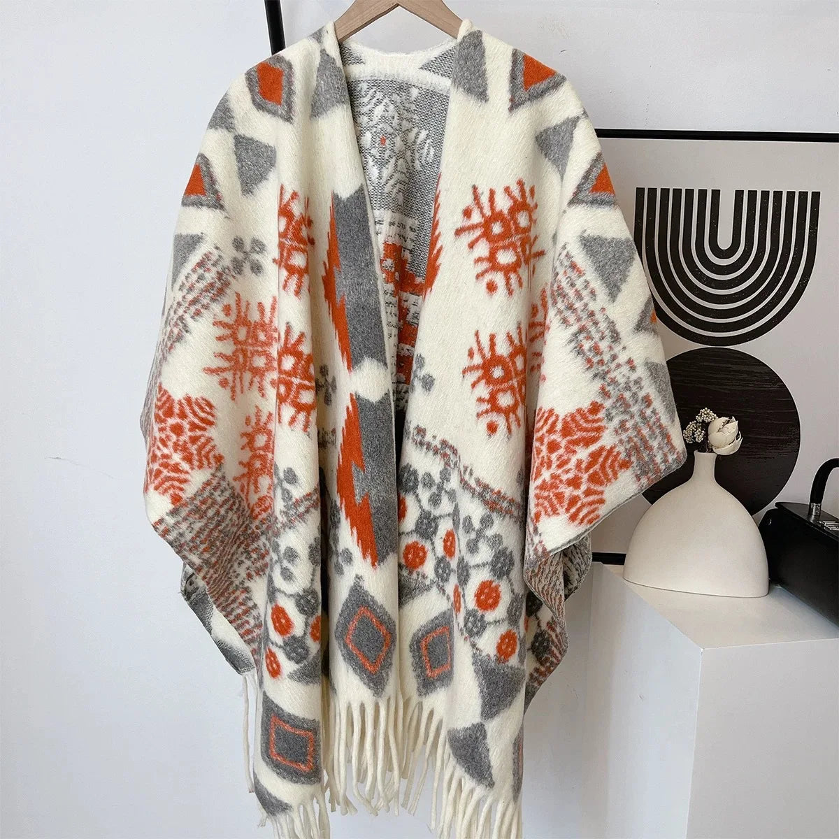2024 Winter Women Faux Woolen Loose Tassel Shawl Capes Cashmere Wear Warm Thick Poncho Cardigan Lady Printed Plaid Blanket