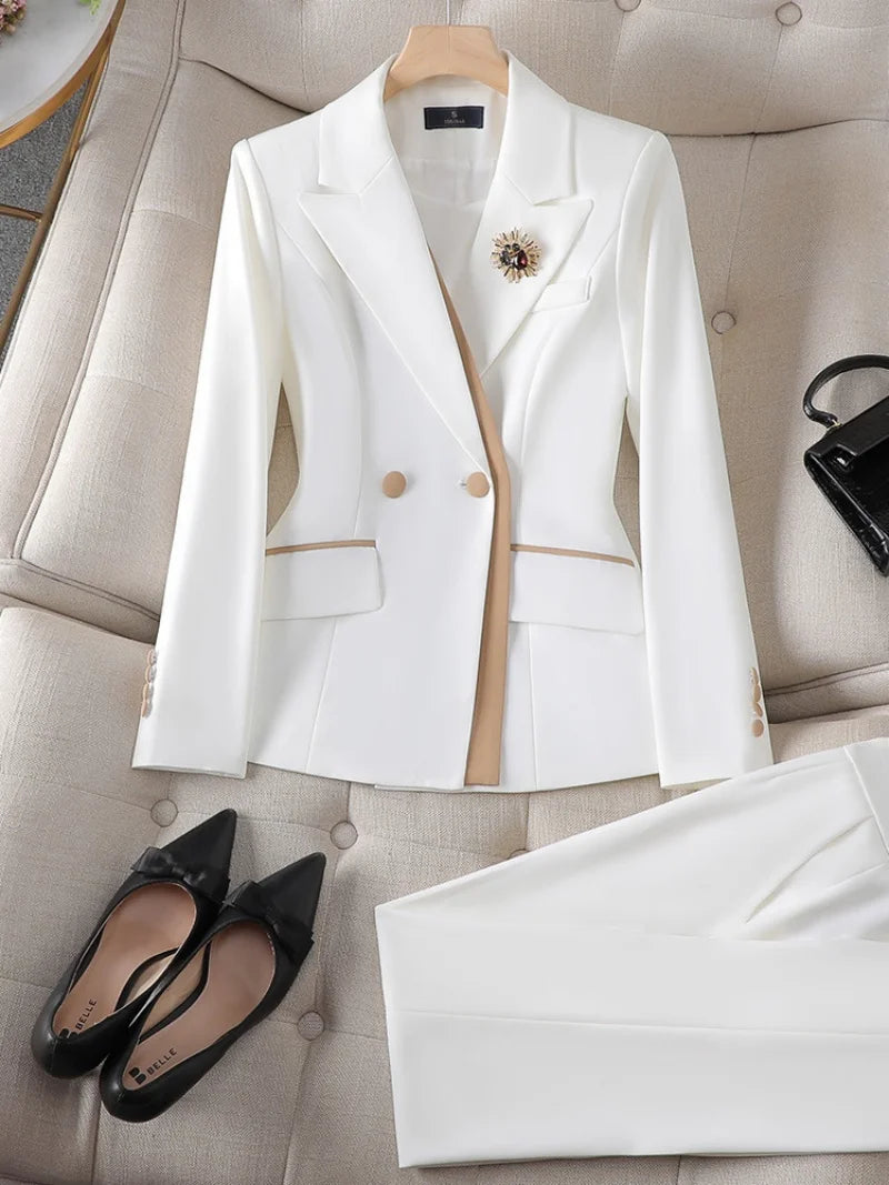Fashion Pink White Women Pant Suit 2 Piece Set Office Ladies Female Business Work Wear Formal Blazer Jacket And Trouser