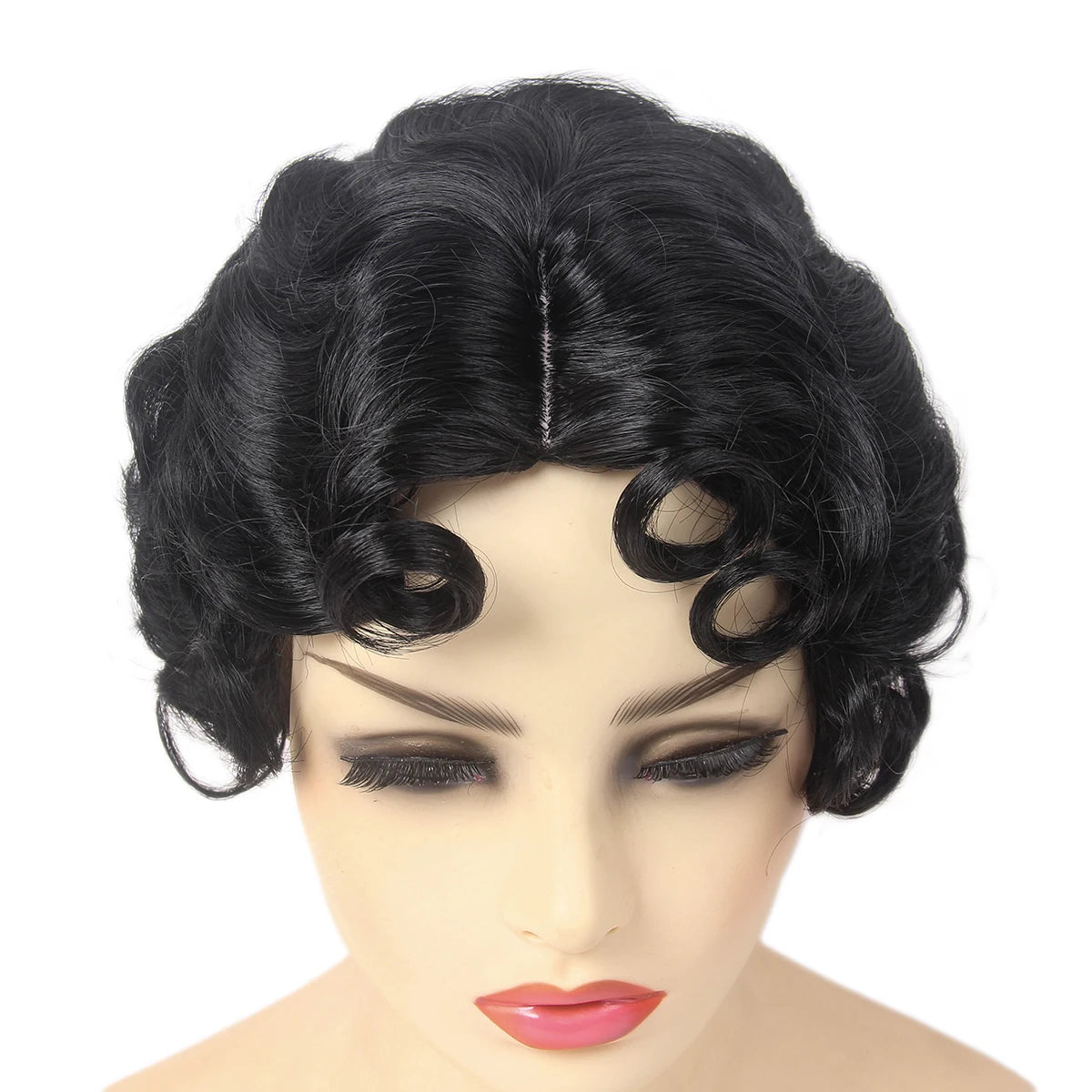 REEWES Short Curly Finger Wave Wigs With Oblique Bangs 1920s Retro Wavy Cosplay Costume Wig Classy Vintage Wavy Style For Women