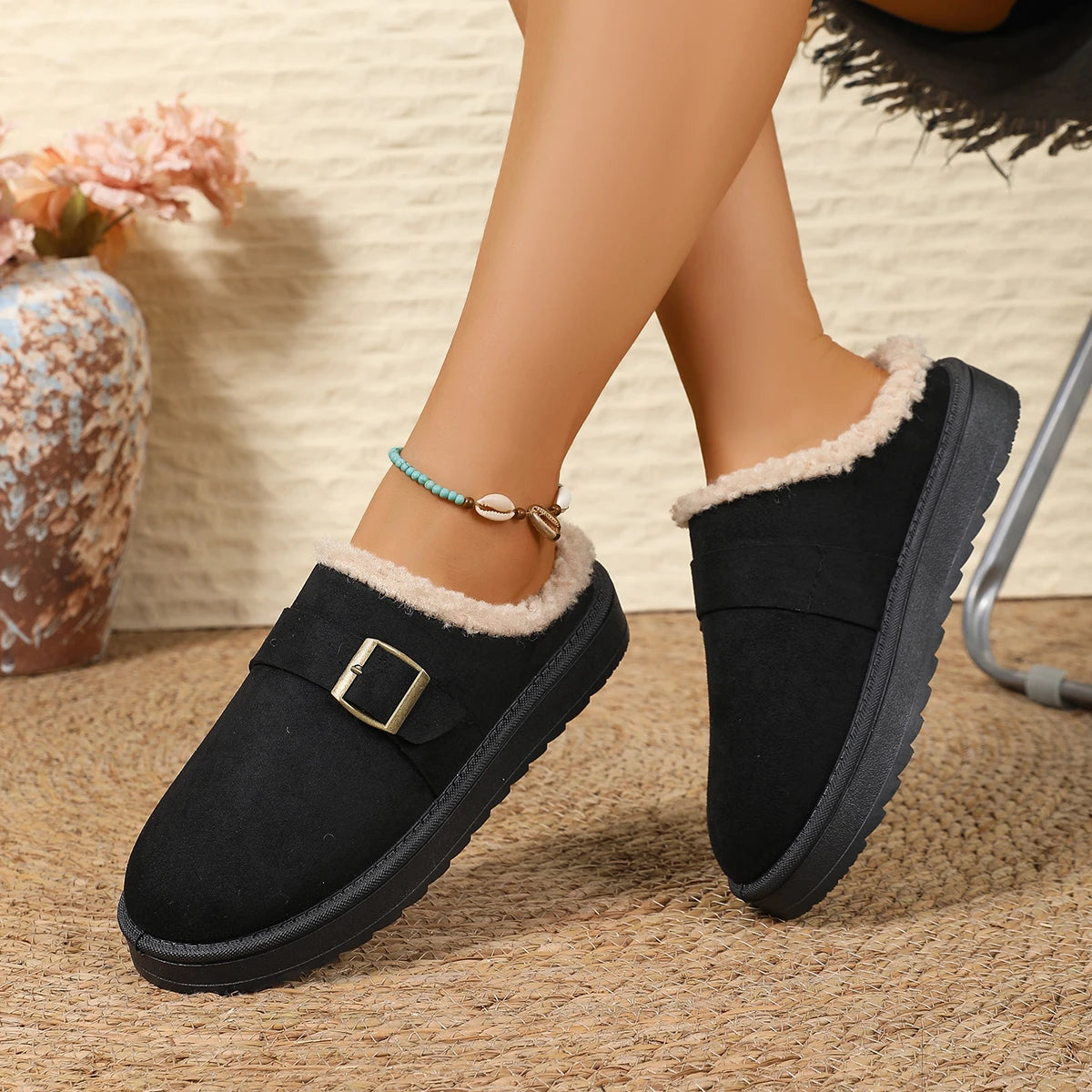 Snow Boots for Women 2025 Winter New Cashmere Warm Thick Soles Without Heel-covered Hair Half Slipper Cotton Shoes for Women