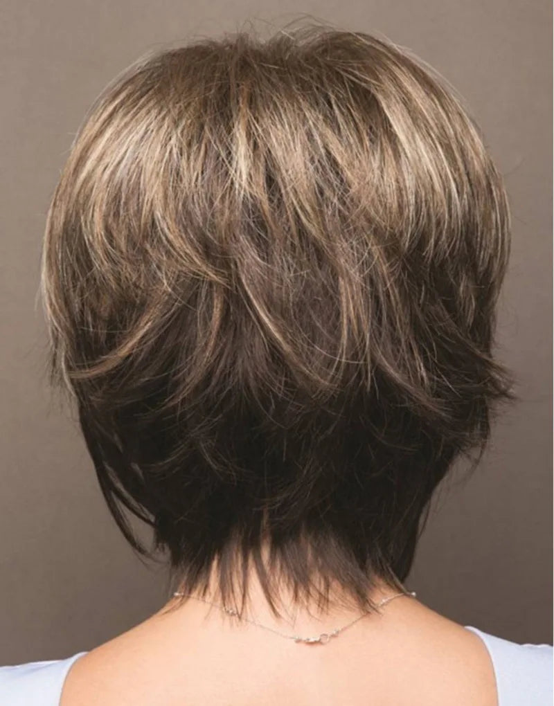 Short Hair Wigs with Bangs Dark Brown Mixed Blonde Pixie Cut Wig for Women Straight Synthetic Fiber Wigs