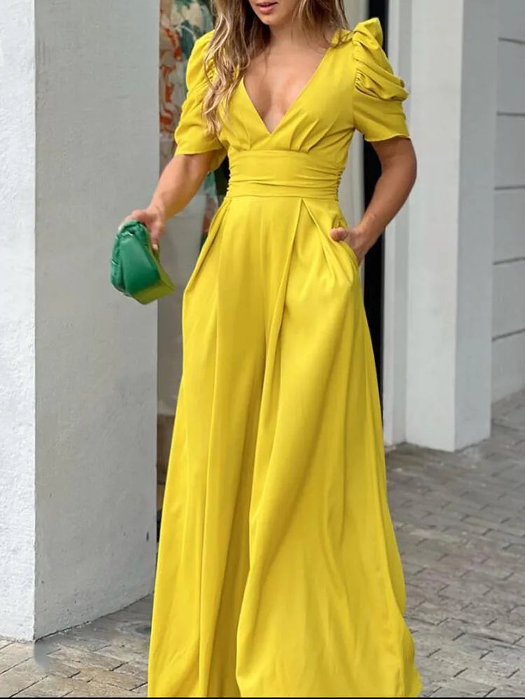 Women Elegant Solid Color High Waist Wide Leg Jumpsuit