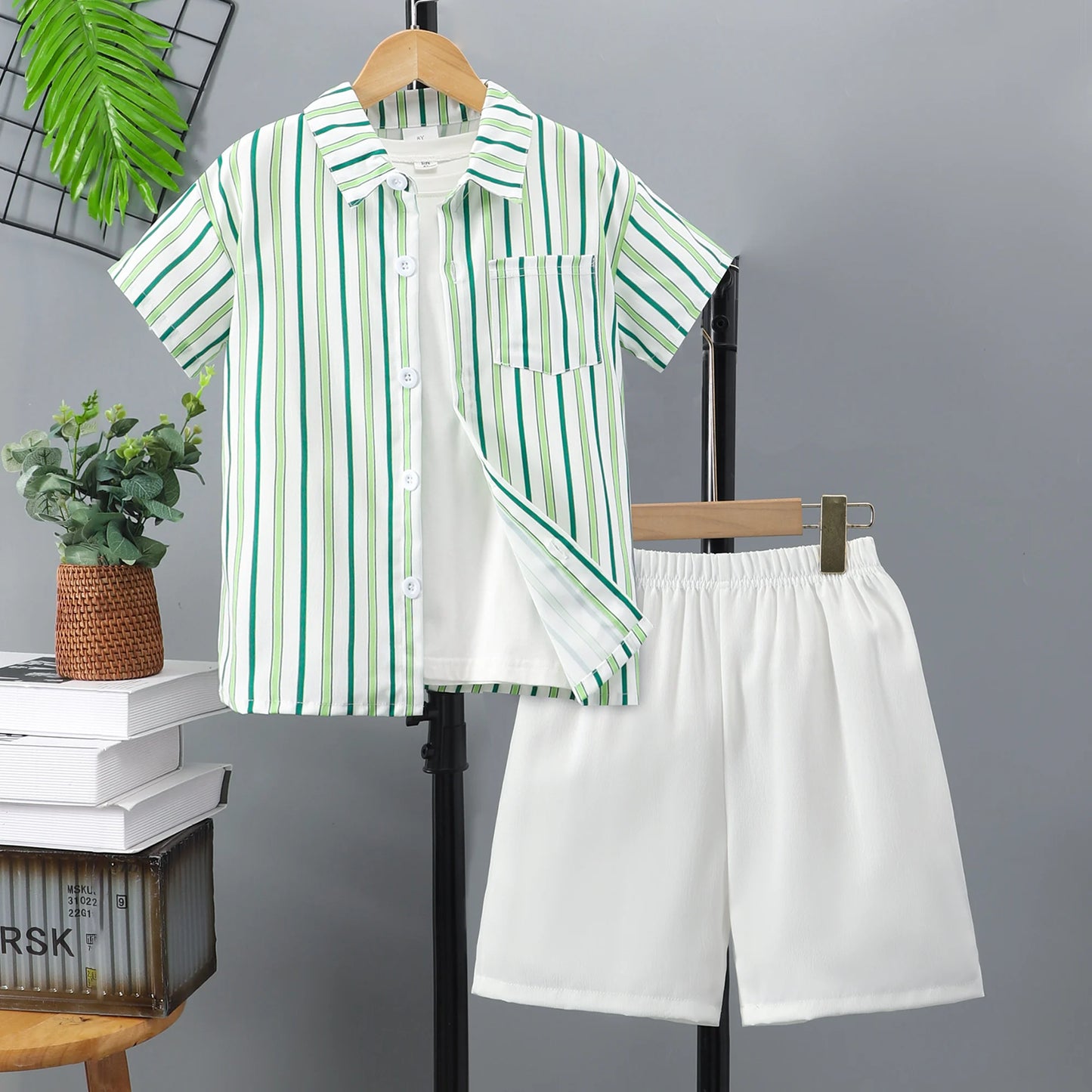 2pcs Boys Casual Striped Short Sleeve Lapel Shirt & Shorts Set, Comfy Summer Boys Clothing