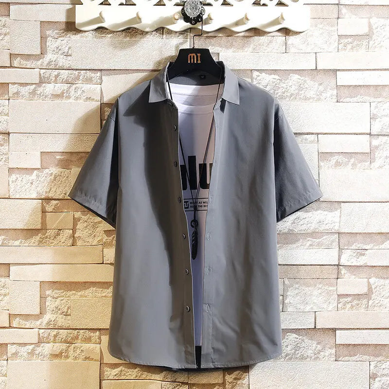 New men's shirt streetwear, solid-color short-sleeved shirt, men's summer trend shirt