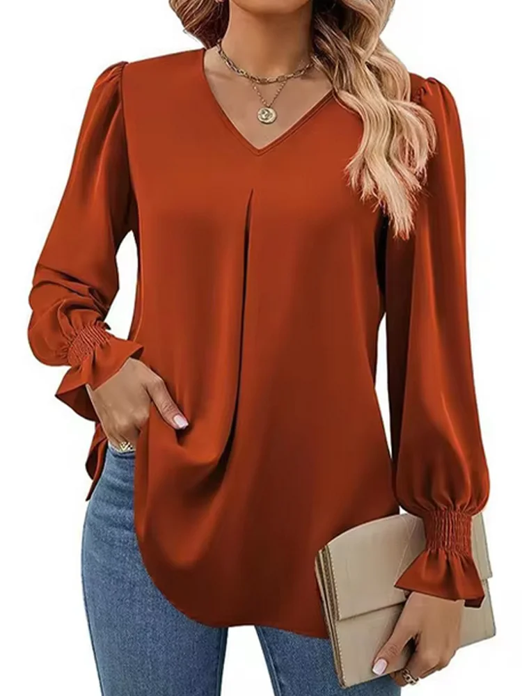 Women's Simple Solid Color V-neck Long Sleeve Top Lady Fashionable T-shirt Elegant Autumn Work Clothes