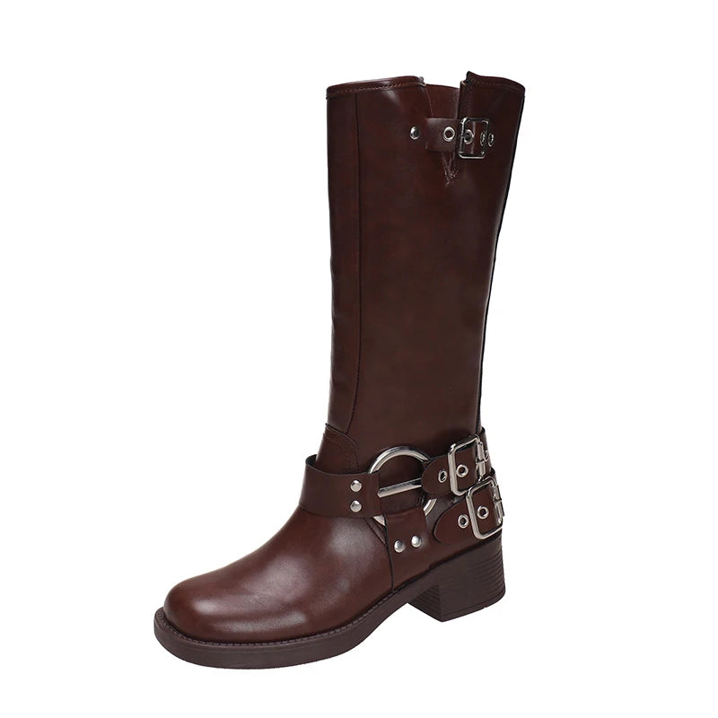 Winter Women Knee High Boots Fashion Belt buckle Long Boots Female Elegant Thick Heel Women's Knight Botties