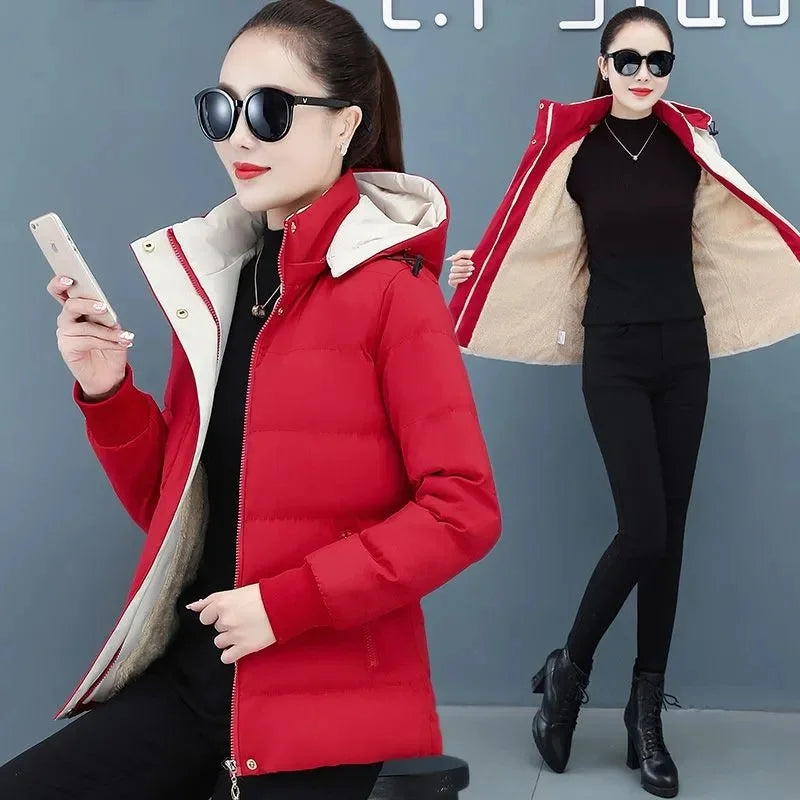 Women Winter Jacket 2025 New Velvet Cotton Padded Jacket Female Detachable Hooded Parkas Warm Cotton Coat Short Jacket Outerwear