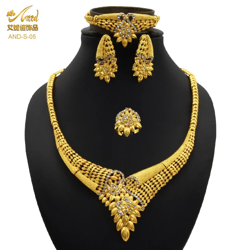 ANIID African Jewelery Sets Flower Earrings Choker Necklace Bracelet Hawaiian Indian Dubai Golden Jewelry For Women Accessories