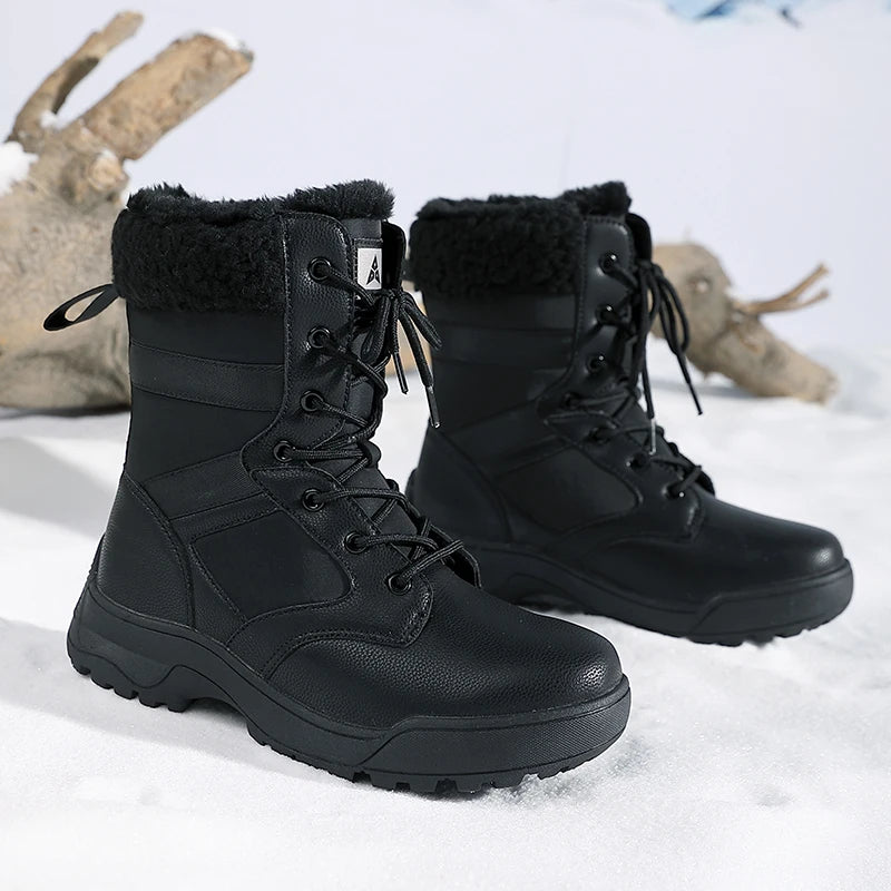 Winter Snow Boots for Both Men and Women, Mid-top PU Leather with Fleece, Warm, Flat and Anti-slip Hiking and Outdoor Boots