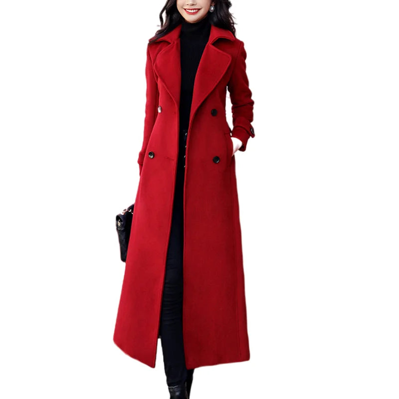 Winter Women's Coat Woolen Long Trench Outerwears Double-breasted Coats Belt Lapel Warm Streetwear Temperament Tops Jacket S-3XL
