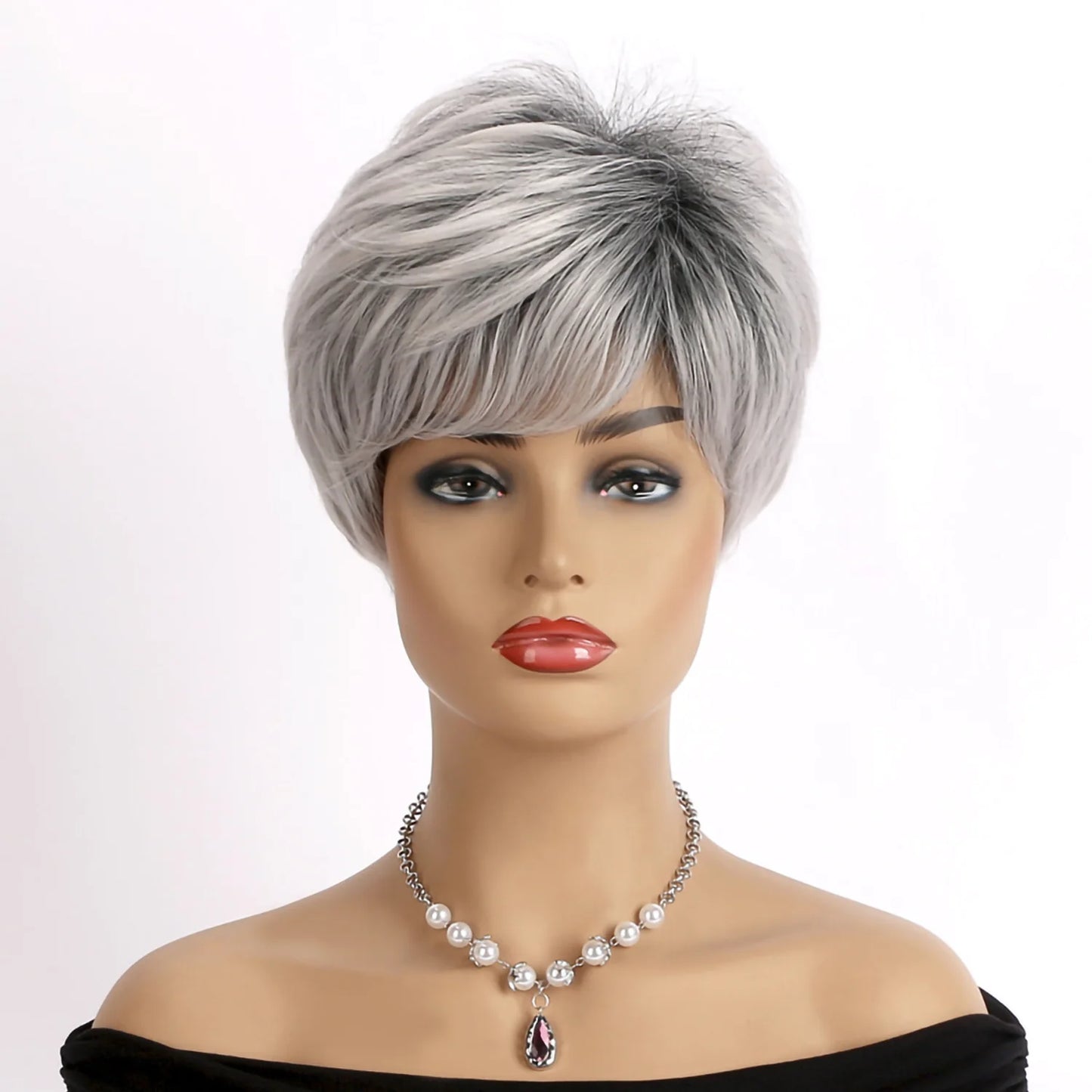 Short Grey Wigs for Women Gray White Pixie Cut Wigs with Dark Root Layered Synthetic Short Hair Wigs Natural Looking