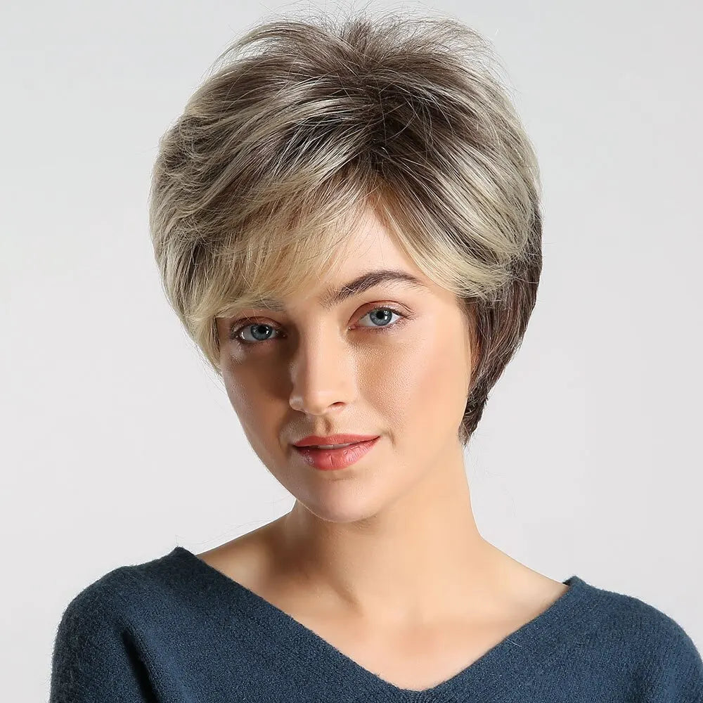 Short Pixie Cut Synthetic Wigs For Women Brown Mixed Blonde Wigs With Bangs Natural Looking Daily Use Hair Heat Resistant Fiber