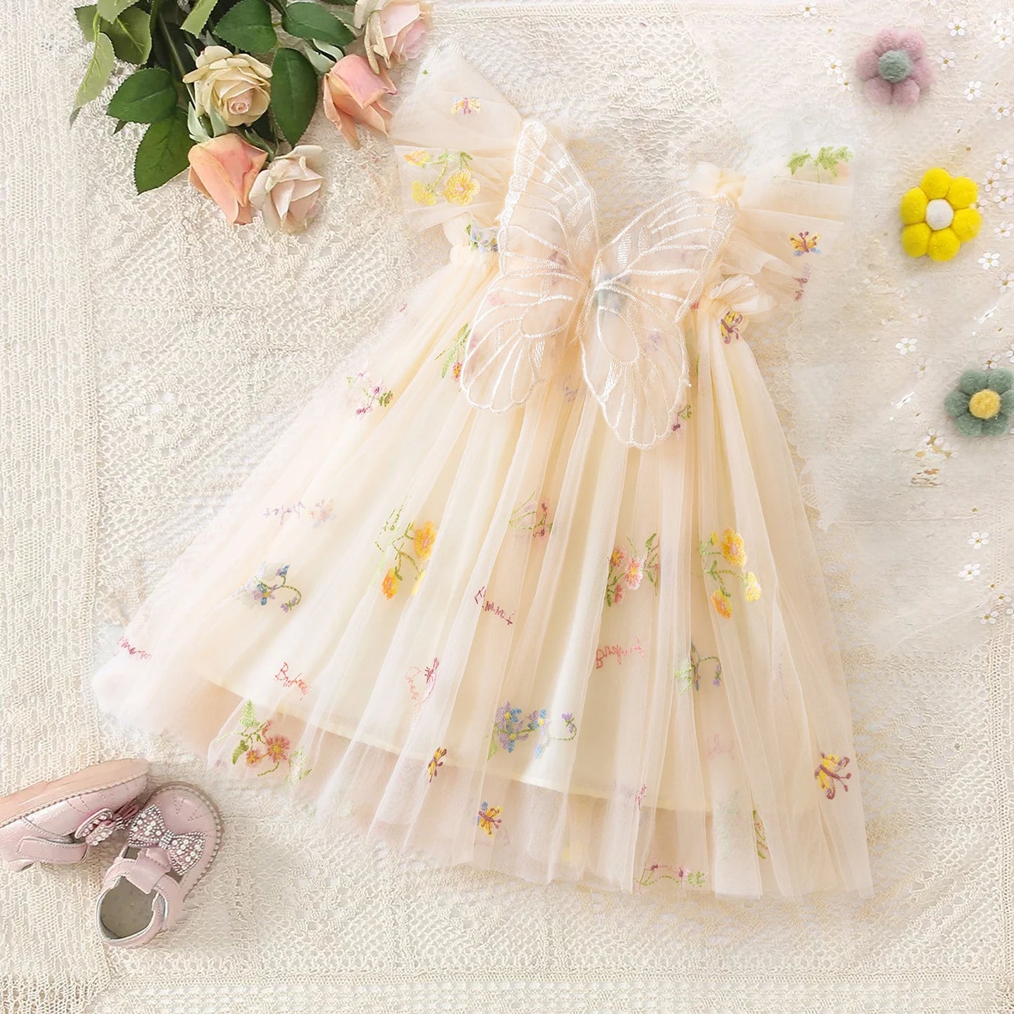 Baby Girls Dresses Princess Birthday Party Sweet Baby Girls Dresses Back Bow Wings Fairy Strap Embroidered Butterfly Mesh Dress