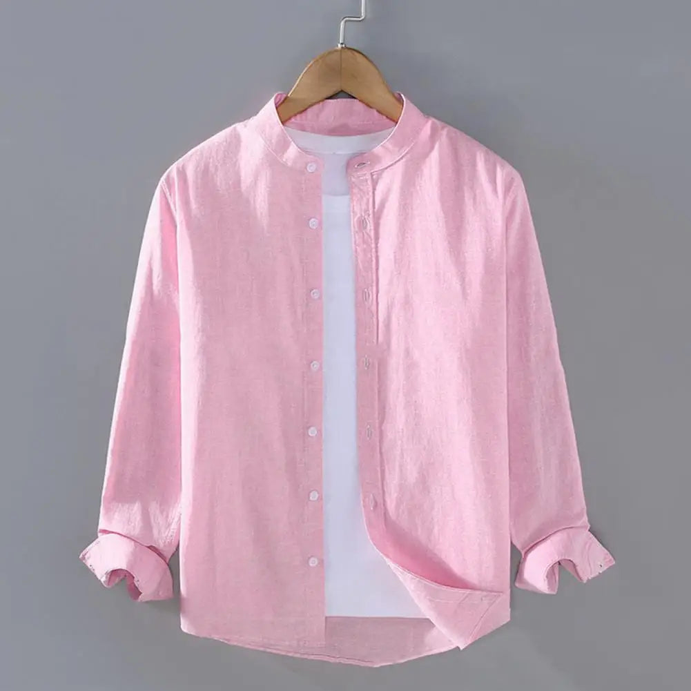 Men Shirt Men's Stand Collar Cardigan Shirt Solid Color Single-breasted Long Sleeves Soft Casual Coat for Fall Plus Size Mid
