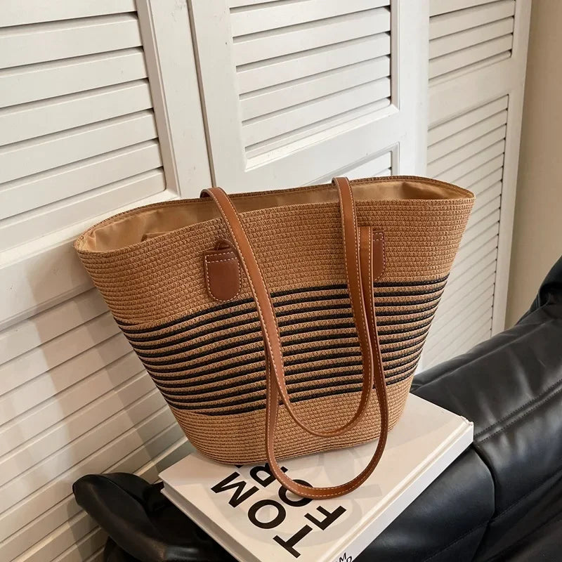 2025 New Beach Seaside Handbag Women's Summer Straw Bag Inswind Outdoor Travel Vacation Beach Bag Large Capacity Shoulder Bag