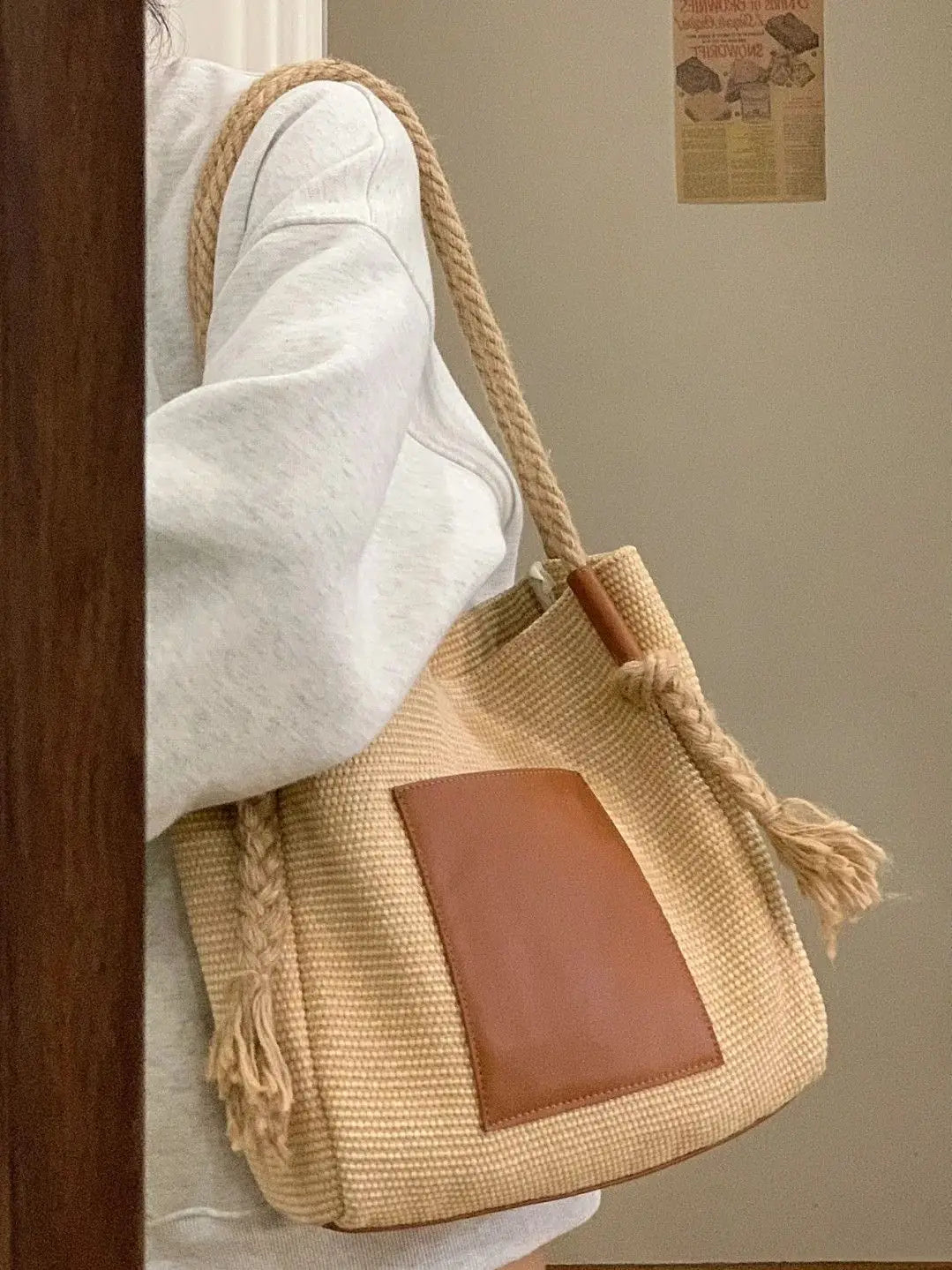 PU Leather Bucket Shoulder Bags for Women Woven Rope Hand Bag Female Large Handle Bag Purse