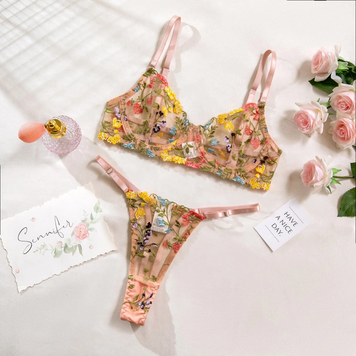 Women Underwire Lingerie Set Cute Push Up Strappy Embroidered Sheer Mesh Lingerie Set 2pcs Panty Bra Lingerie For Women LenceríA