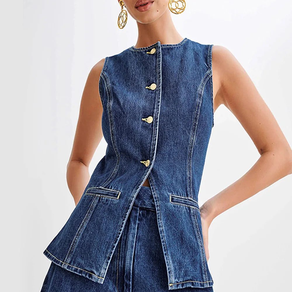 Women's Vintage Denim Casual Long Vest Tops Button-up Back Slit Sleeveless Pocket Slim Fits Waistcoat y2k Clothes Streetwear