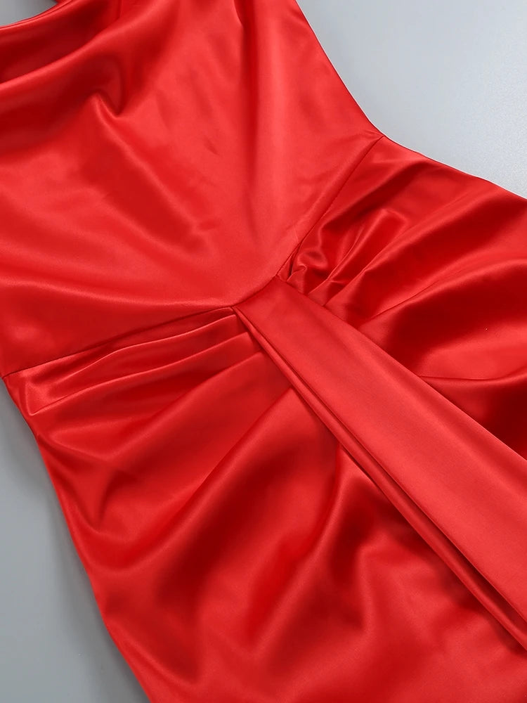Sexy Swinging Collar Backless Pleated Long Dress Women Red Stain Sleeveless Draped Design Maxi Dress Celebrity Party Club Runway