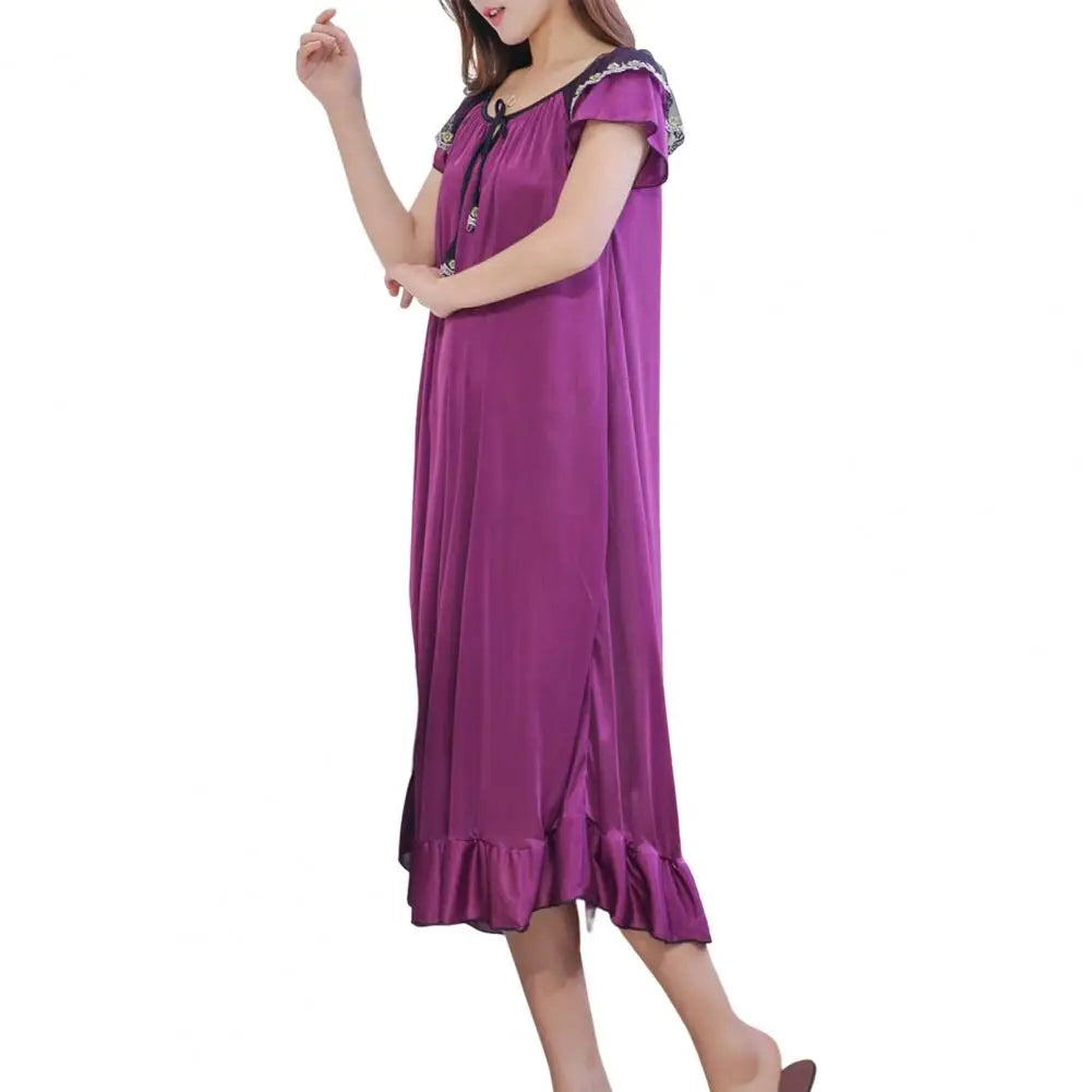 Sleeping Dress for Women Night Gowns Sleepwear Lace Long Sleeping Dress Casual Satin Ruffle Hem Summer Nightdress Pajama Dress