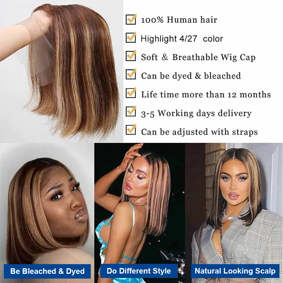Highlight 4/27 Straight Short Bob Wigs Ombre Human Hair Wigs Brazilian Bone Straight Bob Wigs Human Hair 13x4 Lace Frontal Wigs