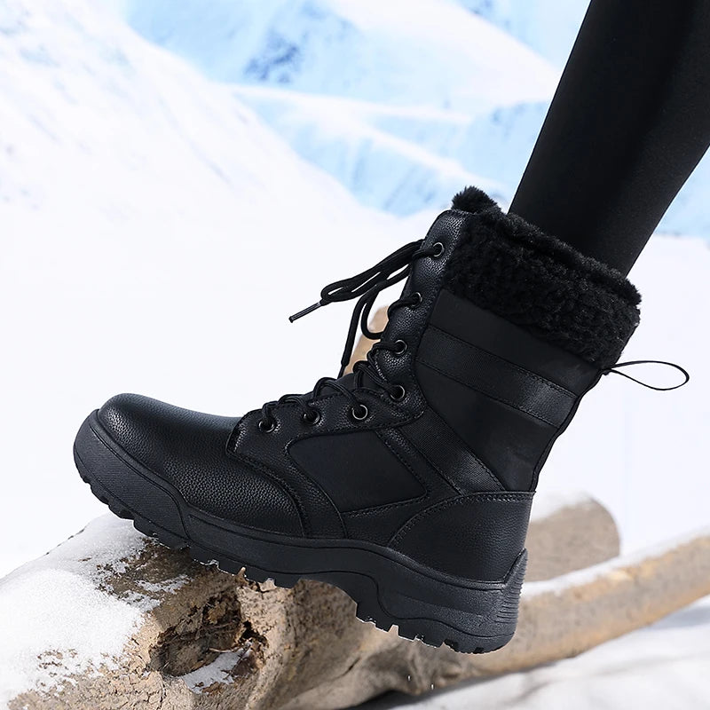 Winter Snow Boots for Both Men and Women, Mid-top PU Leather with Fleece, Warm, Flat and Anti-slip Hiking and Outdoor Boots