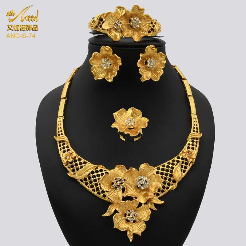 ANIID African Jewelery Sets Flower Earrings Choker Necklace Bracelet Hawaiian Indian Dubai Golden Jewelry For Women Accessories